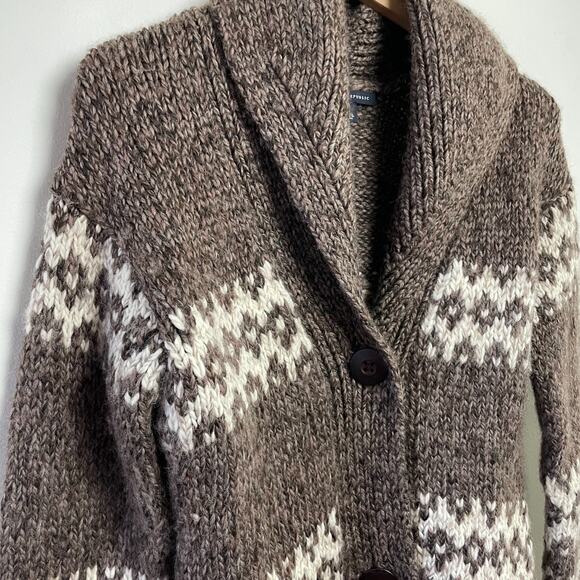 Banana Republic Wool Fair Isle Cardigan Sweater Medium Shawl Collar Fisherman - Picture 2 of 10